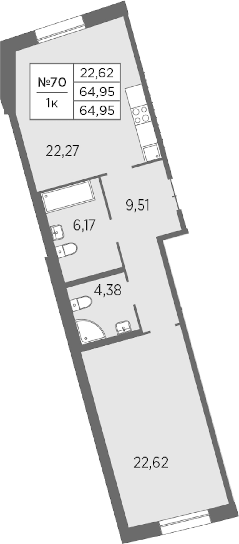 1-комнатная квартира 64.95 м², 2/7 эт., ЖК «Северная Корона»